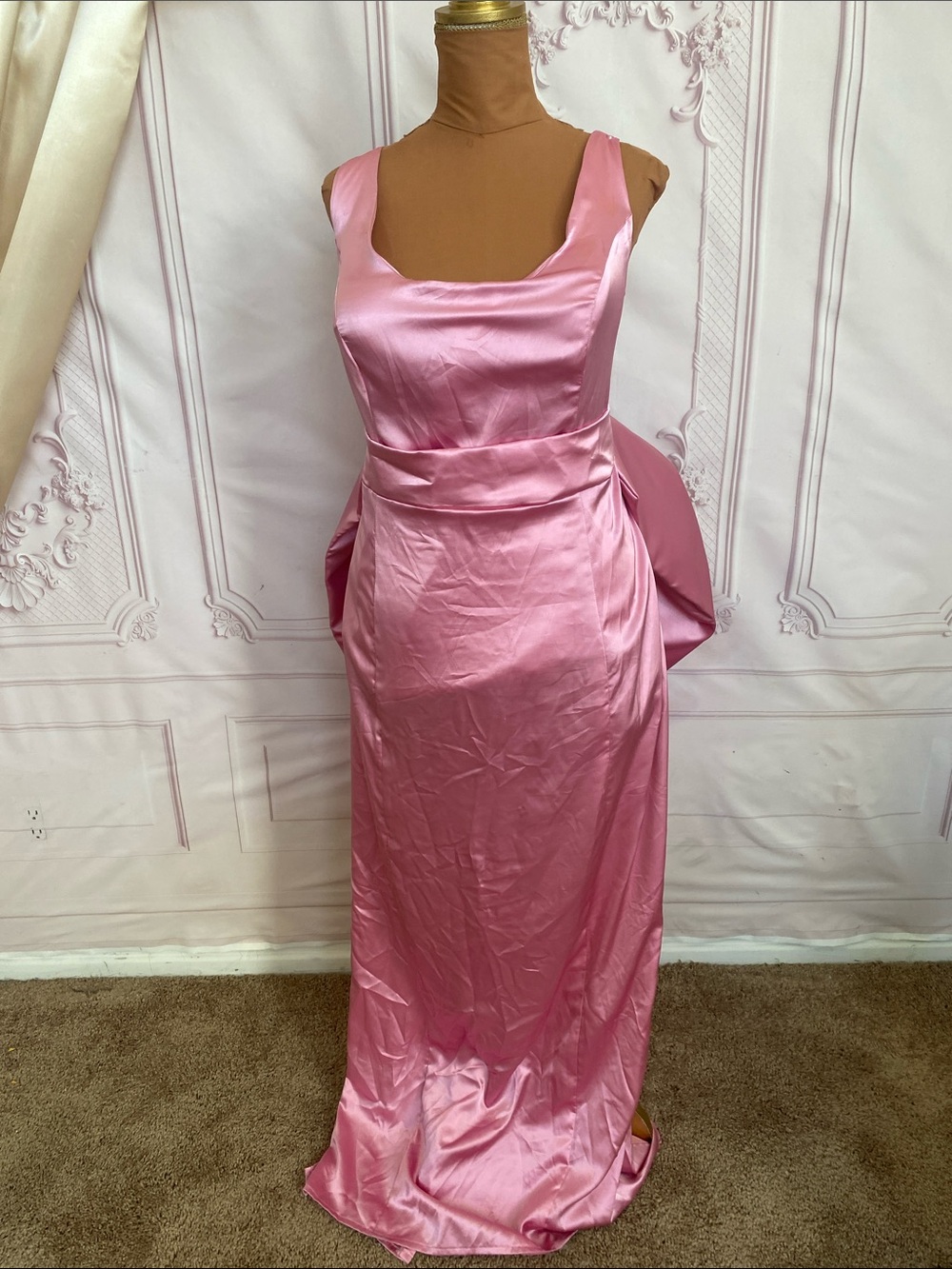 Elegant Pink Satin Evening Gown with Big Bow